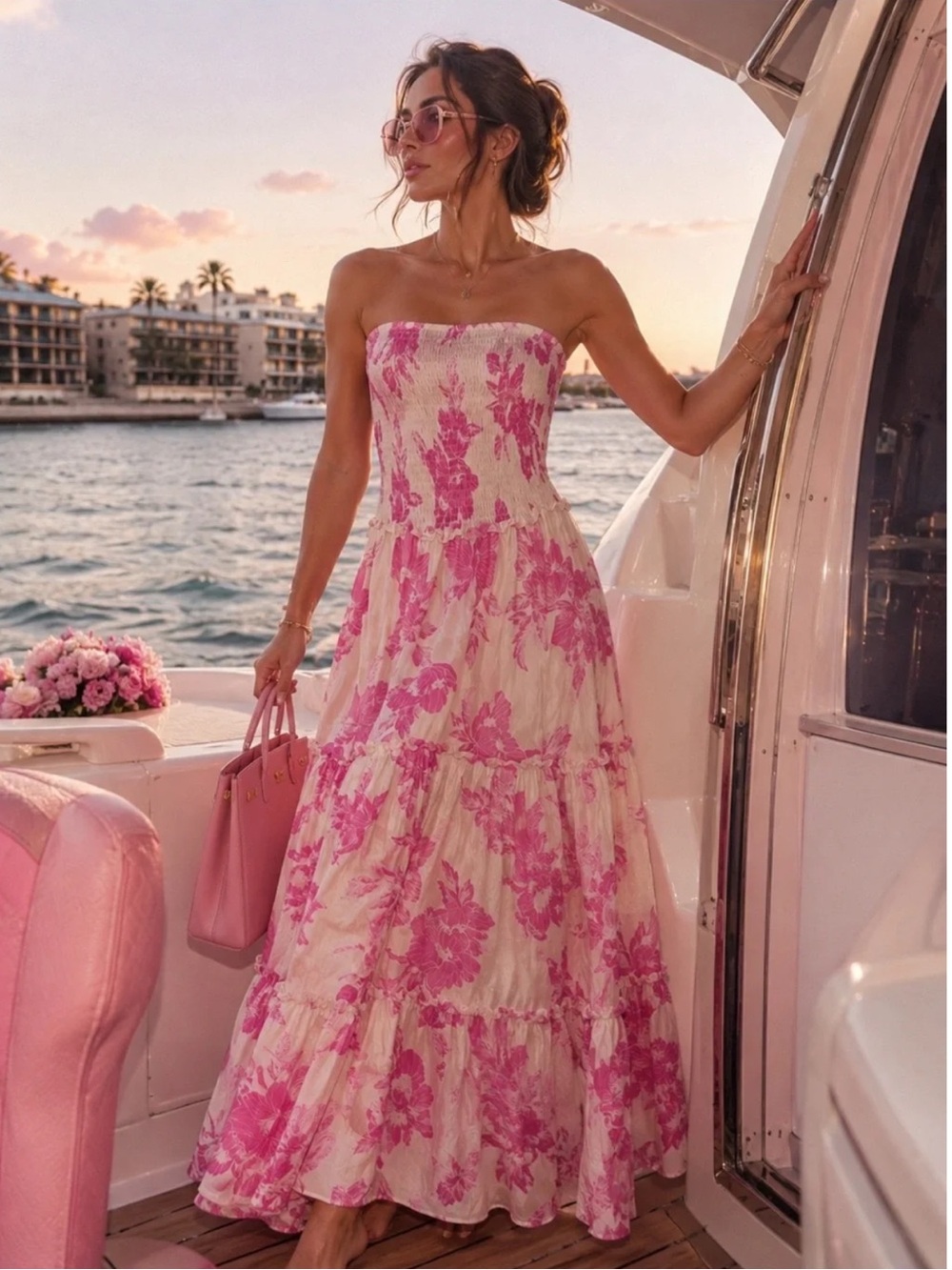 Strapless Pink Floral Maxi Dress